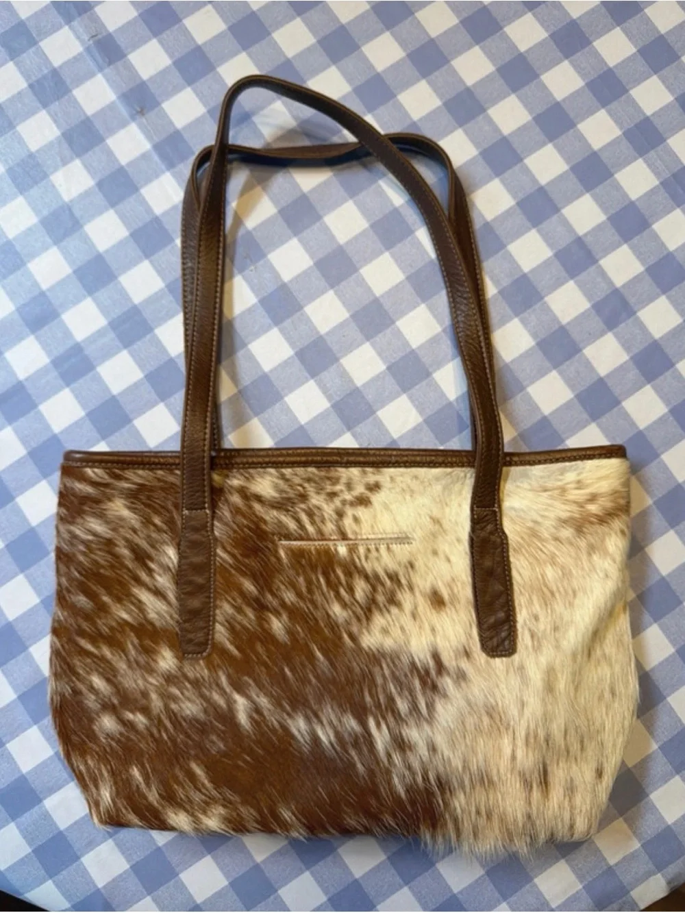 Brown and Cream Leather Haircalf Tote Bag